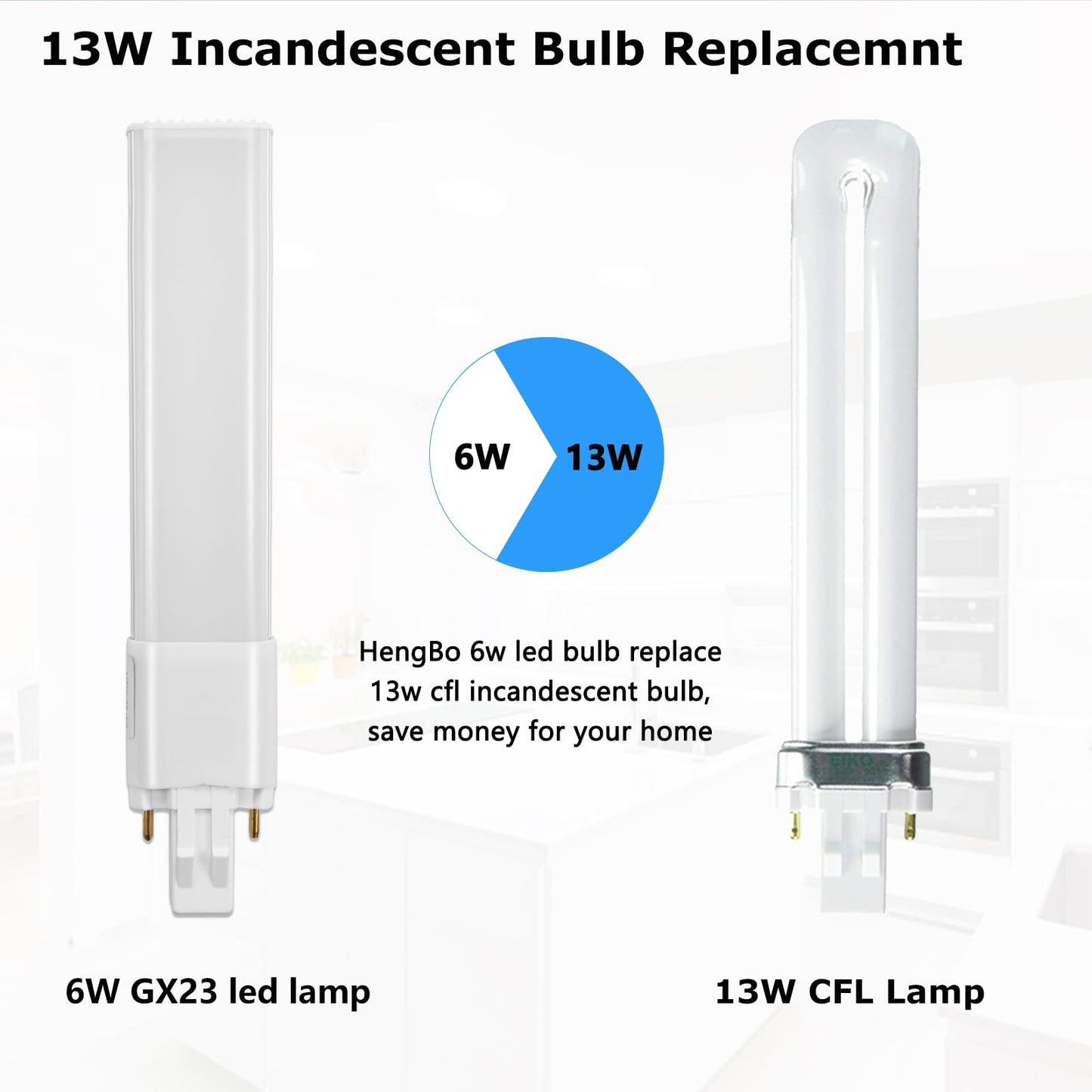 HengBO GX23 LED Bulb, 6W PL Horizontal Lamp, 13W CFL Bulb Equivalent, 180° Beam Angle, 6000K Daylight Recessed Down Light Bulb (Remove/Bypass