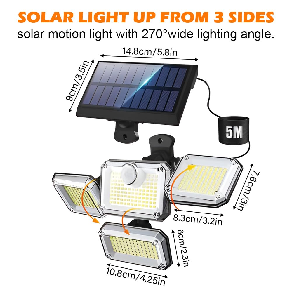 Geminilite Solar Outdoor Lights with Motion Sensor, 333 LEDs Wide Angle Solar Lights,1200LM 3 Modes Solar Lights 270°,7700K Daylight White Remote
