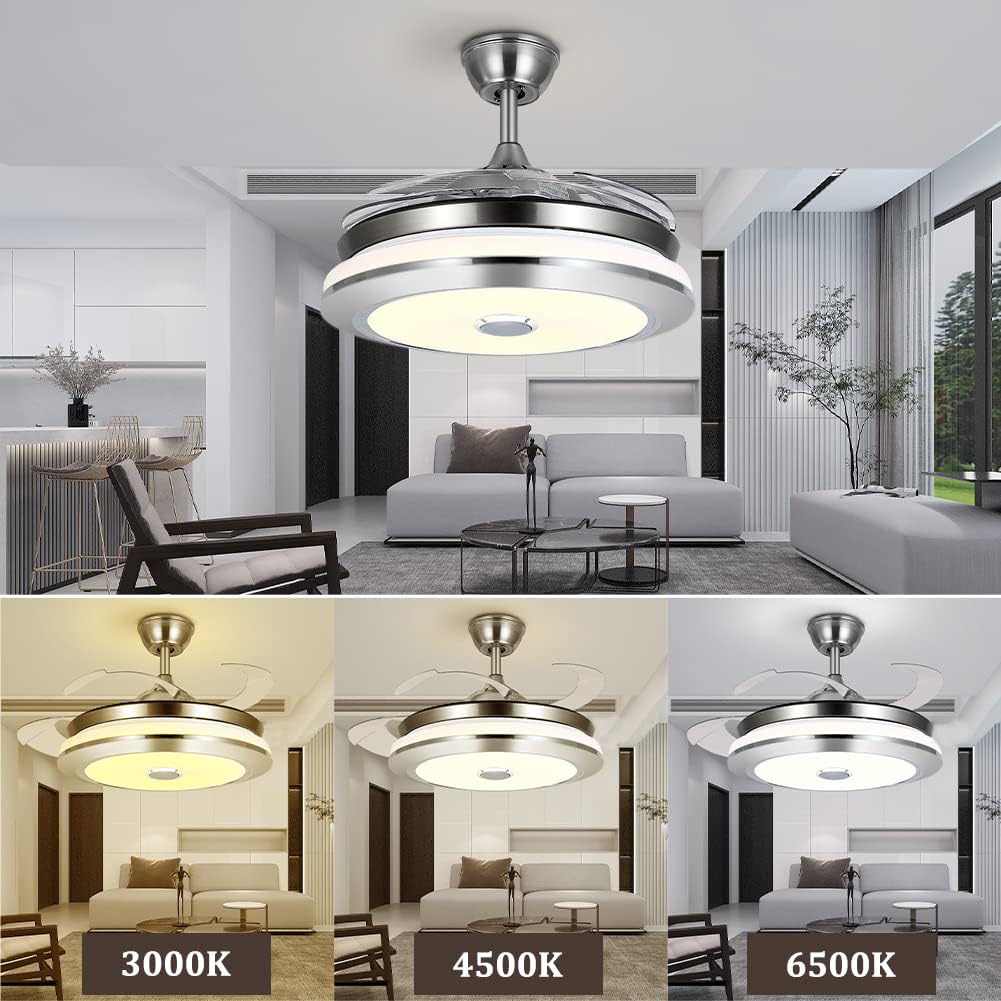 MORE CHANGE 36" Retractable Ceiling Fans with Lights and Music Speaker,Modern Bluetooth LED Chandelier Fans for Dining Room wih Remote Control 3