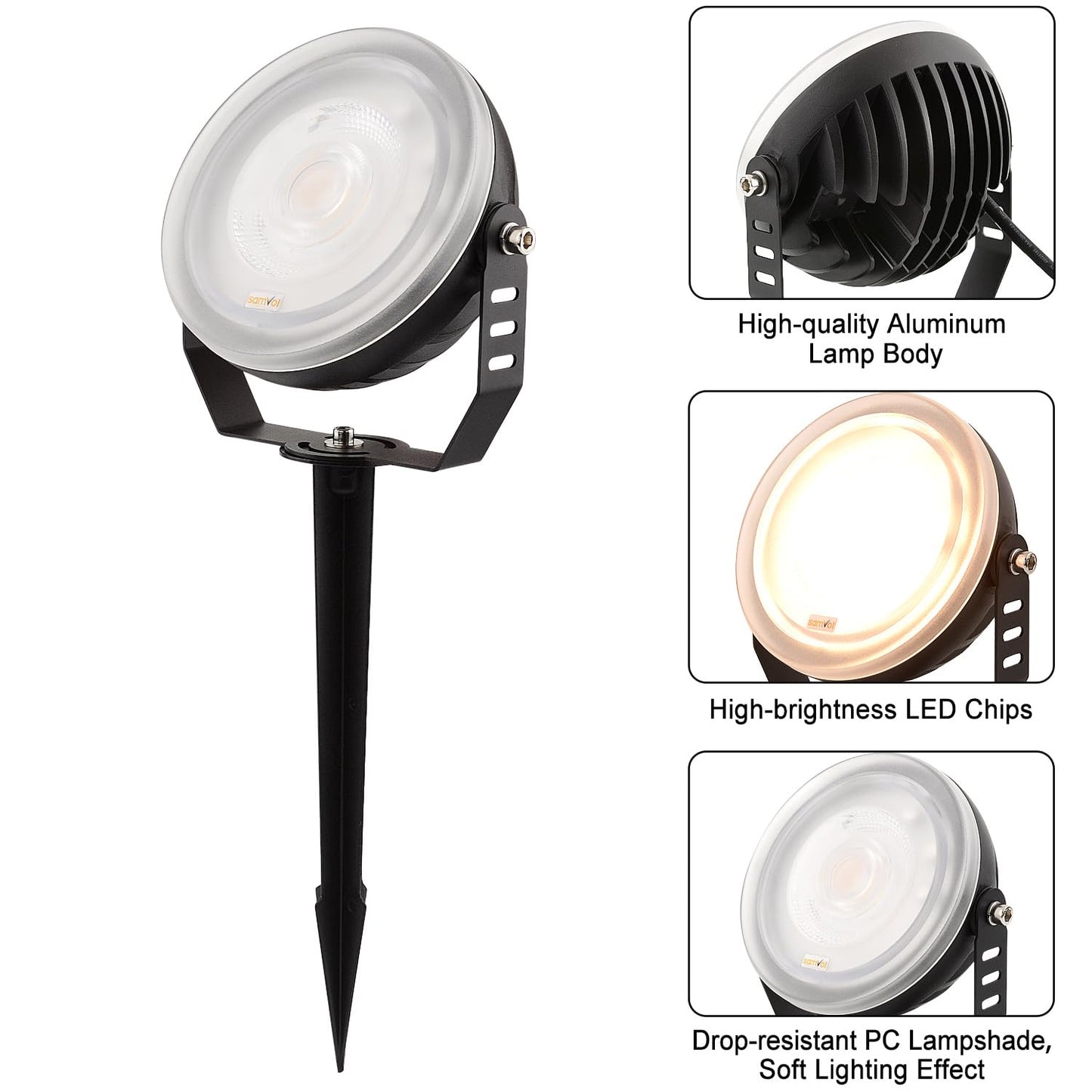 SAMVOL 24W LED Edge-Lit Landscape Spotlight IP67 Waterproof 120V 3000K Thickened Aluminum 270° Adjustable Bracket for Yard Garden Tree Architectural