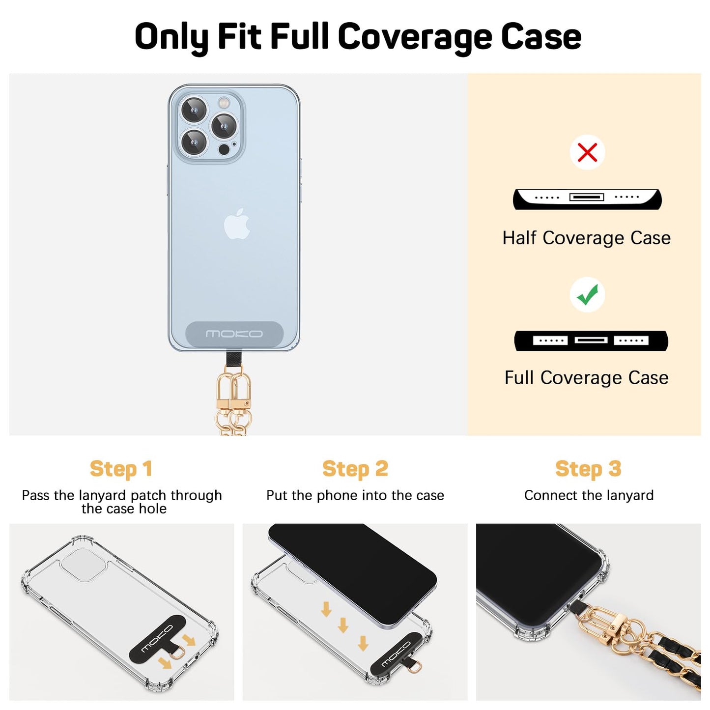 MoKo Phone Lanyard Crossbody, Universal Phone Chain for iPhone, Samsung, Most Smartphones, Neck Strap × 1, Beaded Wrist Strap x 1, Patches × 2, Black