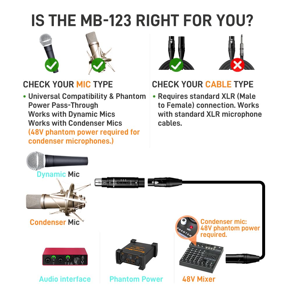 StudioMan MB123 XLR Microphone Attenuator Pad, -10/-20/-30dB Adjustable Mic Signal Reducer, Compact In-Line Audio Attenuator for Recording, Compatible