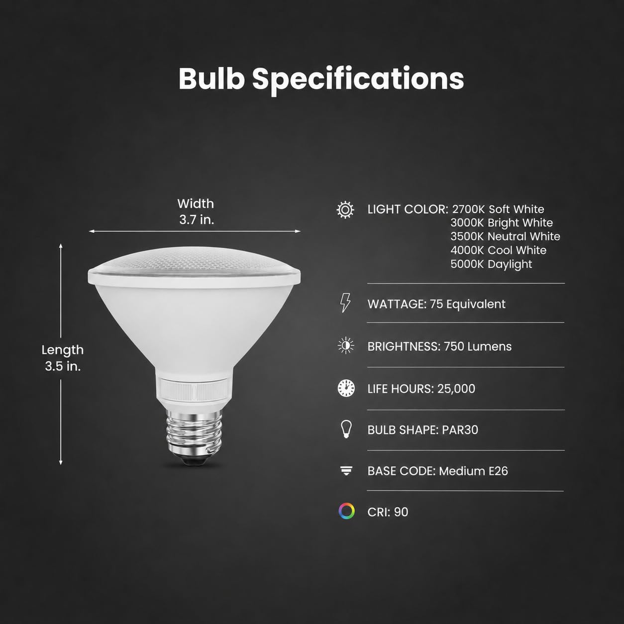 Feit Electric PAR30 LED Reflector Light Bulb, 75W Eq, 5CCT 6Way, 2 Pack