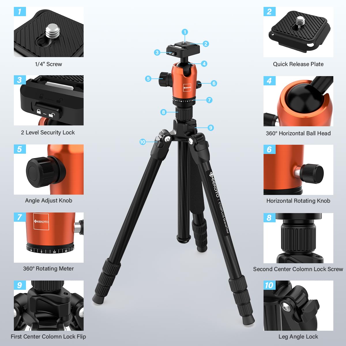 GEEKOTO 65" Carbon Fiber Camera Tripod,Heavy Duty Tripod with 360° Ball Head, 1/4" Quick Release Plate, Supports 26.5 lbs, Converts to Monopod