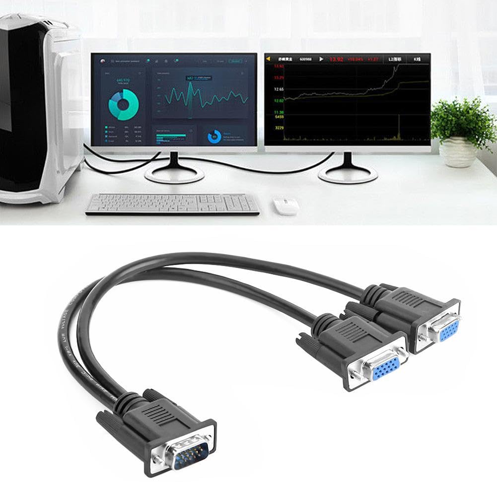 BUBUCAM VGA Y Splitter Cable, VGA 1 Male to VGA 2 Female Adapter Cable Dual VGA Monitor Y Cable for Screen Duplication - 1 Feet, Black (No Screen