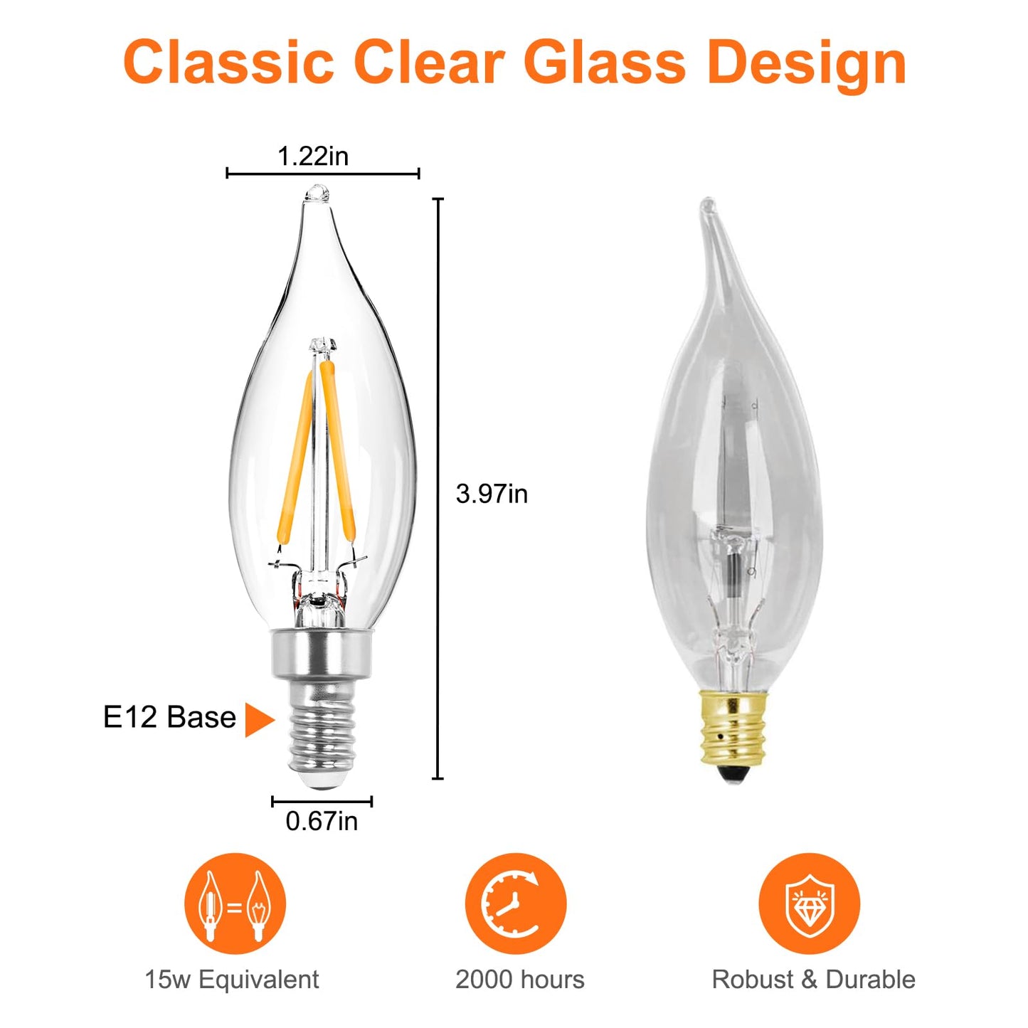 DGE 6x1.5 Watt LED Warm White Ceiling Fan Light Bulbs 20W Equivalent C32 Chandelier Light Bulbs Bright and Lasting 110 Lumen Bent Tip Light Bulb