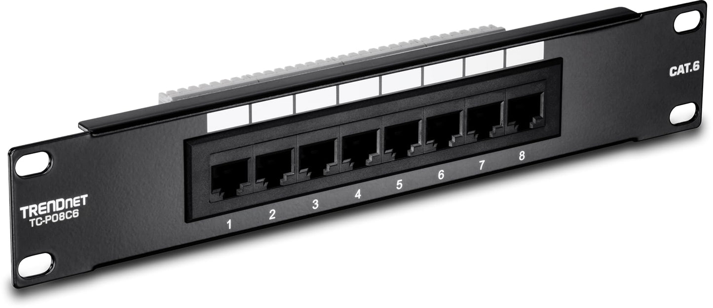 TRENDnet 8-Port Cat6 Unshielded Patch Panel, TC-P08C6, Rackmount, 10 Inch Wide, 8 x Gigabit RJ-45 Ethernet Ports, Pre-Numbered Ports, 250 Mhz