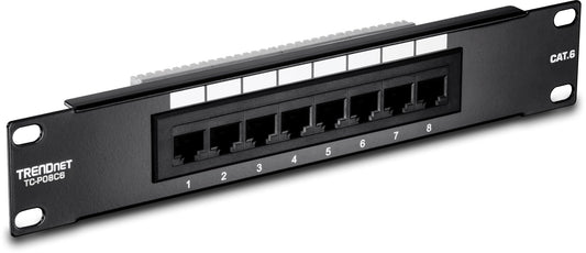 TRENDnet 8-Port Cat6 Unshielded Patch Panel, TC-P08C6, Rackmount, 10 Inch Wide, 8 x Gigabit RJ-45 Ethernet Ports, Pre-Numbered Ports, 250 Mhz