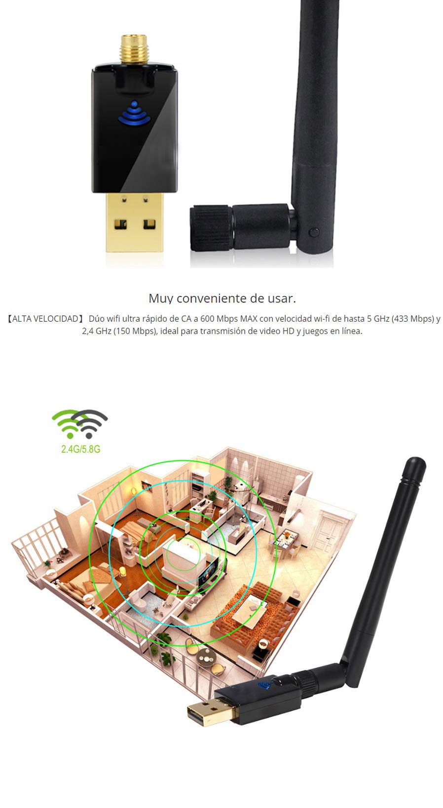 EP-DB1607 5Ghz USB Wireless WiFi Adapter 600Mbps 802.11ac USB Ethernet Adapter Network Card Wi-Fi Receiver for PC Black-GOLDEN BLUE
