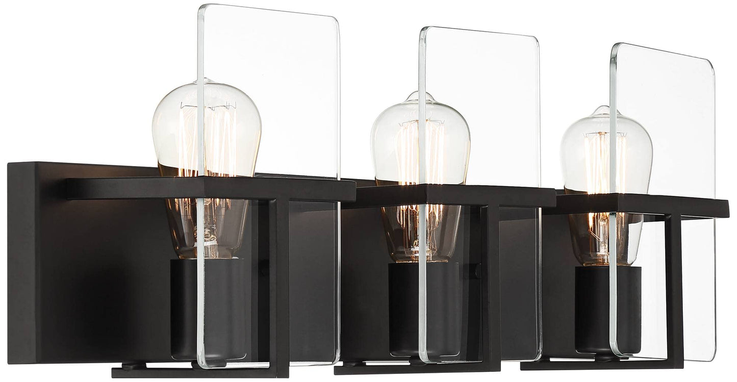 Possini Euro Design Trezza Modern Industrial Wall Mount Light Matte Black Hardwired 24" 3-Light Fixture Clear Glass Flat Panels for Bathroom Vanity