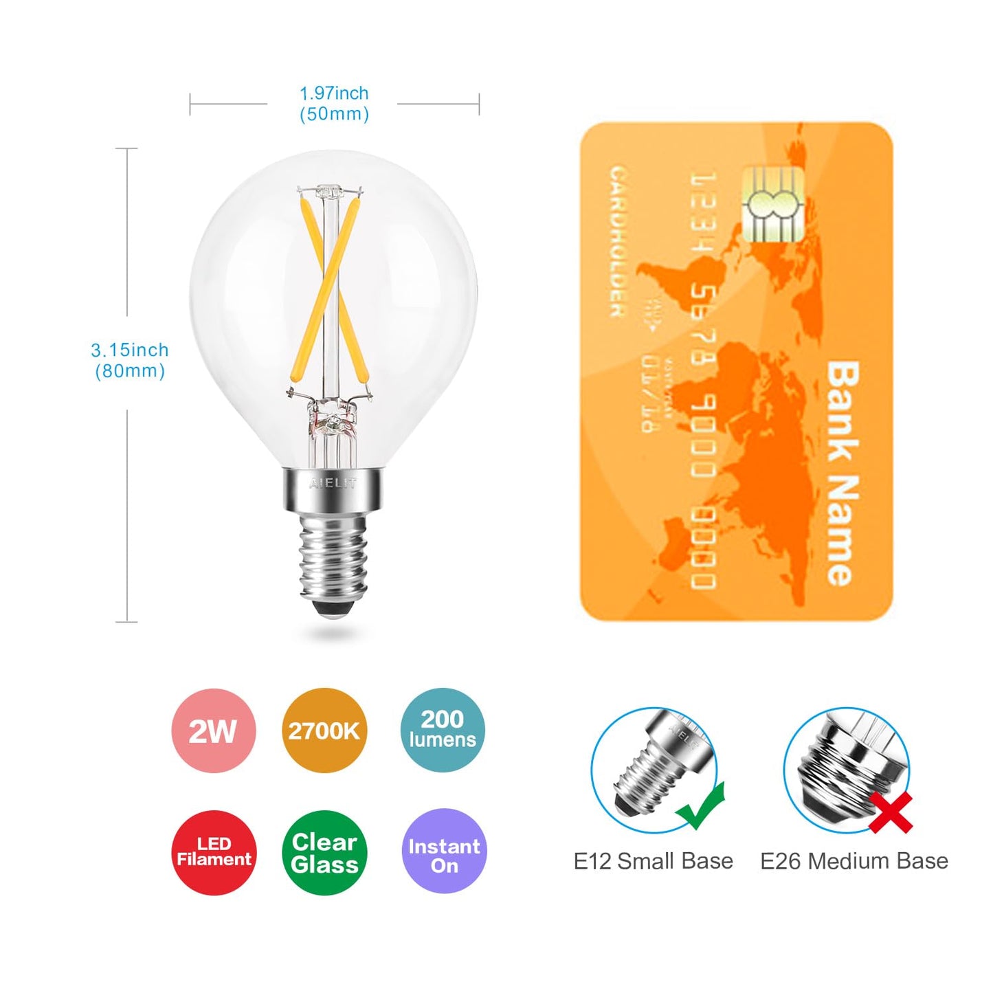 Dimmable 2 Watt Candelabra LED Light Bulb(25W Equivalent), AIELIT E12 Globe LED Bulb, Small Chandelier Base, Antique G15 Filament Edison Bulb