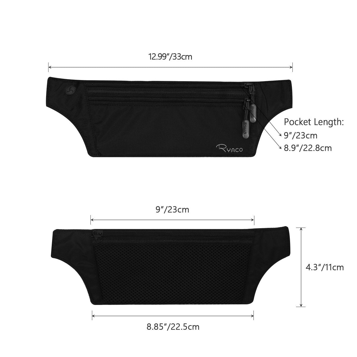 Ryaco RFID Blocking Money Belt – Slim Hidden Travel Wallet & Passport Holder with Adjustable Strap – Black Waist Pouch for Men & Women