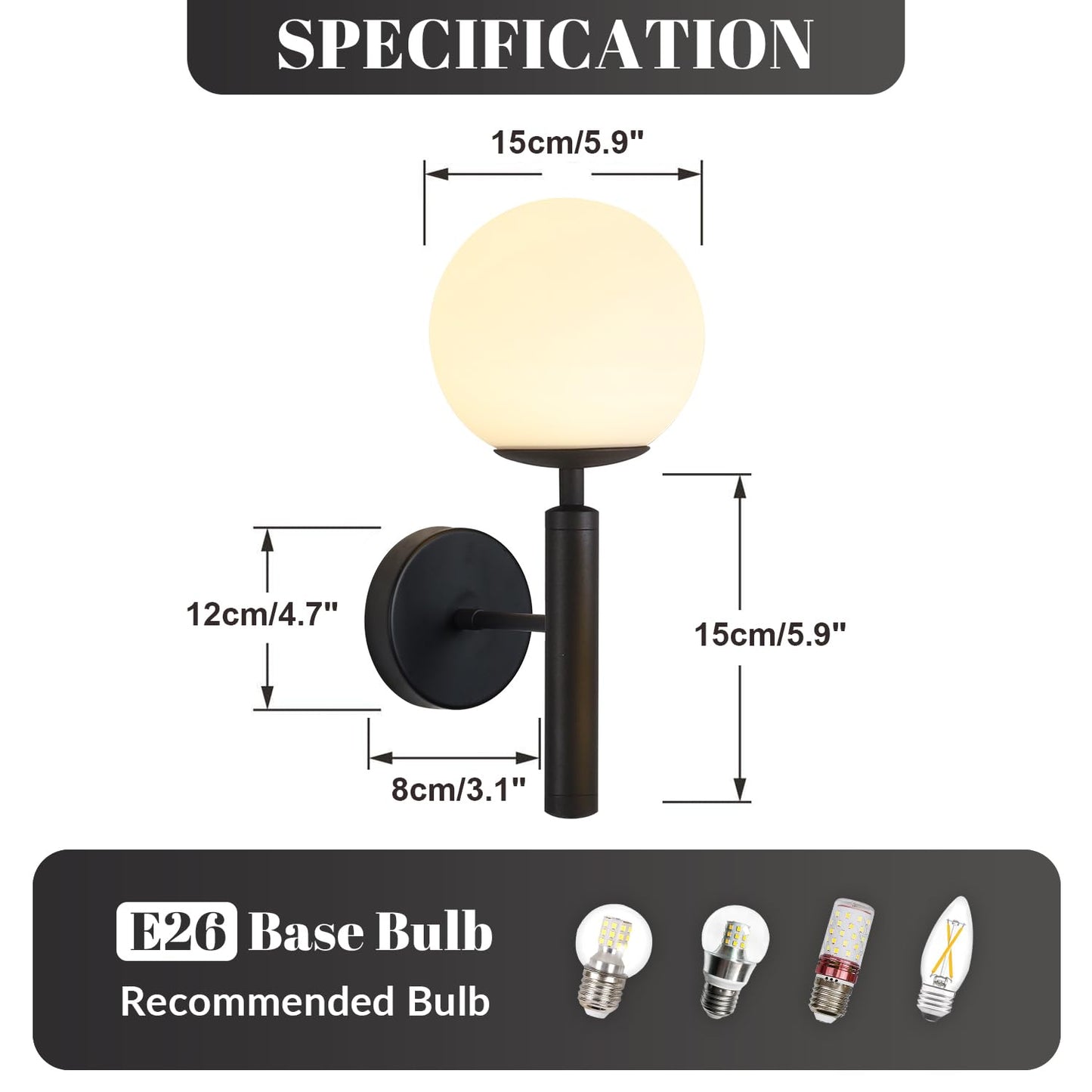 KCO Lighting Black Mid Century Modern Wall Sconce Vintage White Milk Glass Wall Sconce Globe Wall Light Bathroom Wall Light Fixture Bedroom Wall