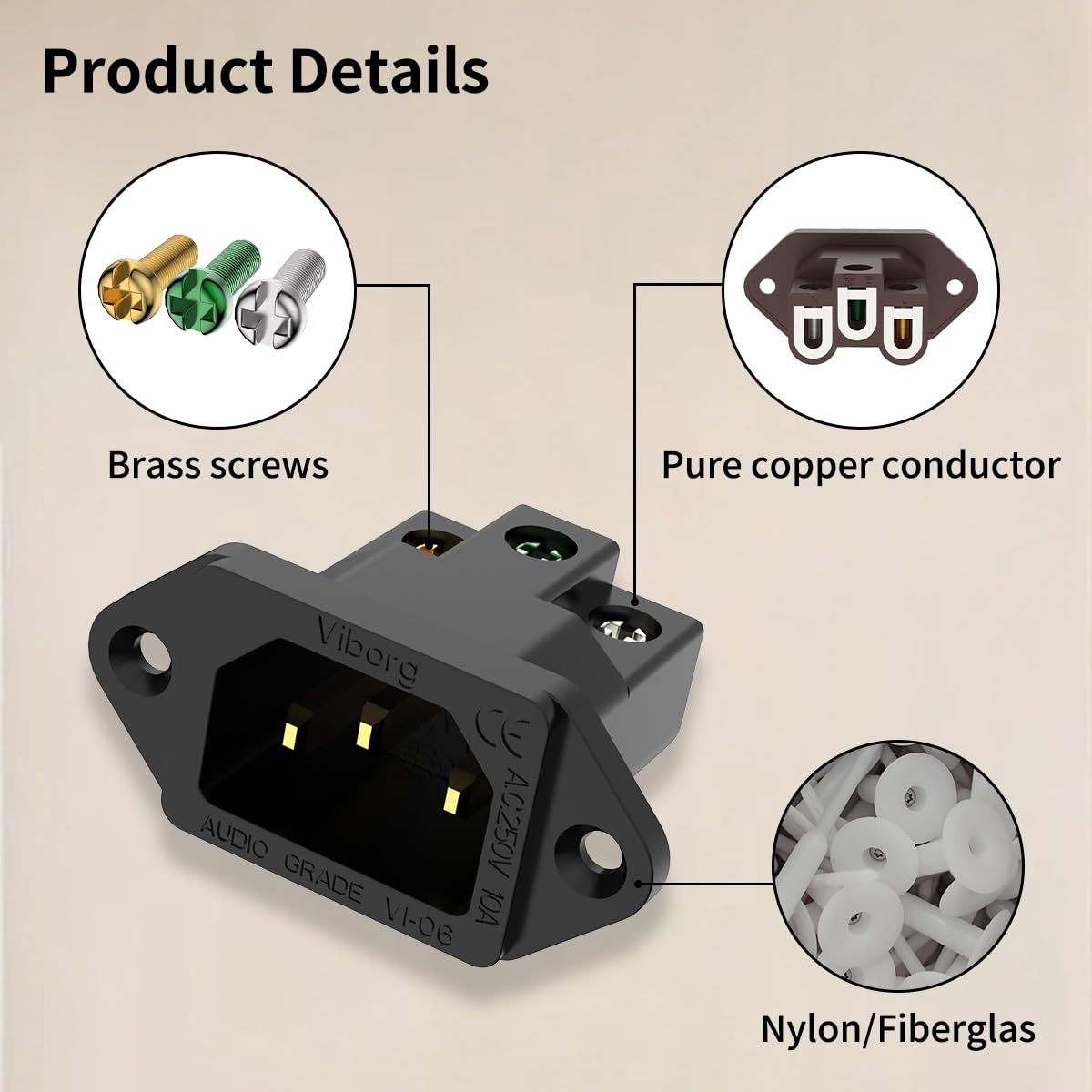 Viborg AC 250V 10A IEC320 C14 Panel Mount Plug Adapter Power Connector Socket Screw Mount 3 Pins Inlet Male Power Plug Socket Audio Grade (Gold