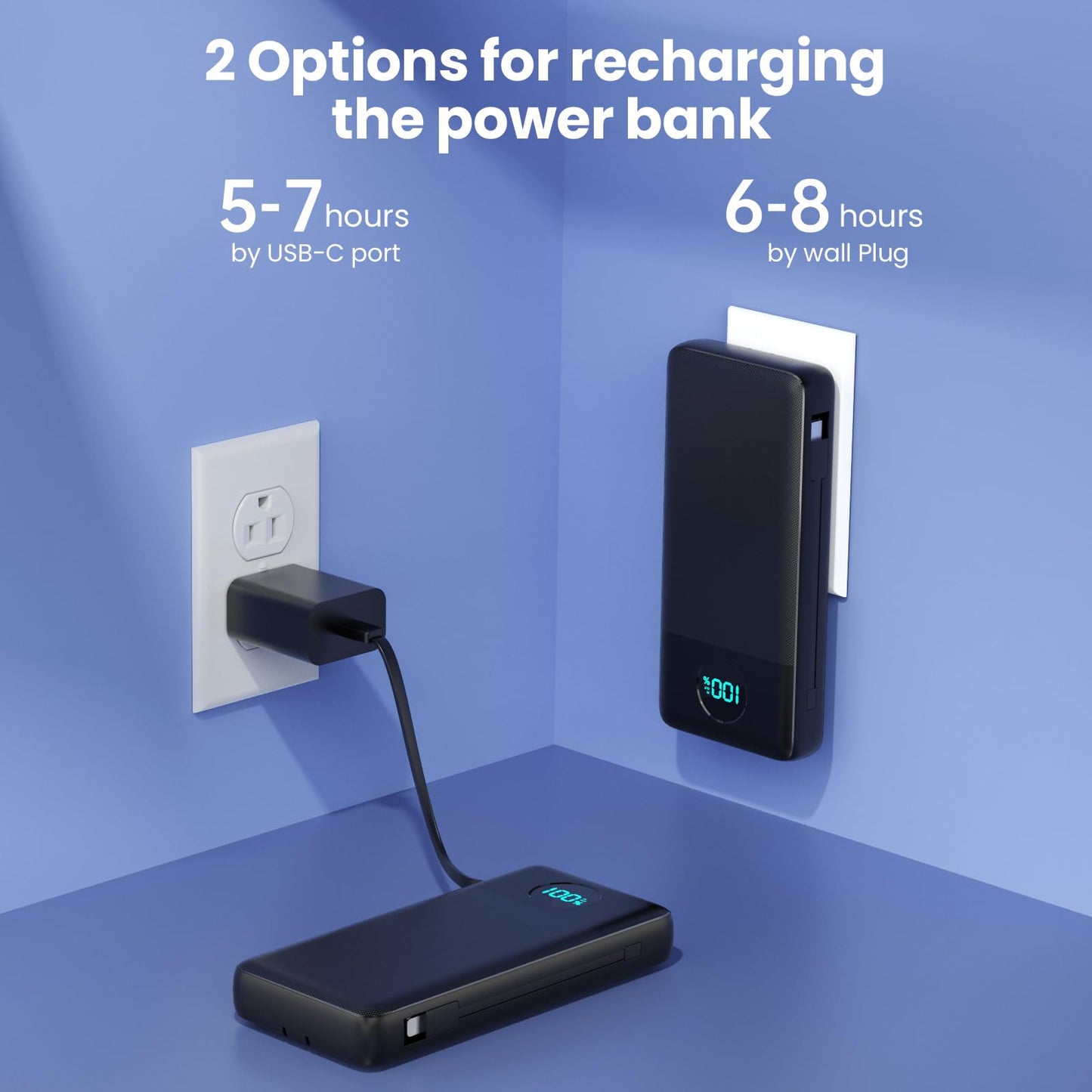 Portable Charger 33800mAh USB C Power Bank with Built-in Cables & AC Wall Plug,25W Fast Charging+QC 4.0 Phone Charger,4 Output Travel Essentials