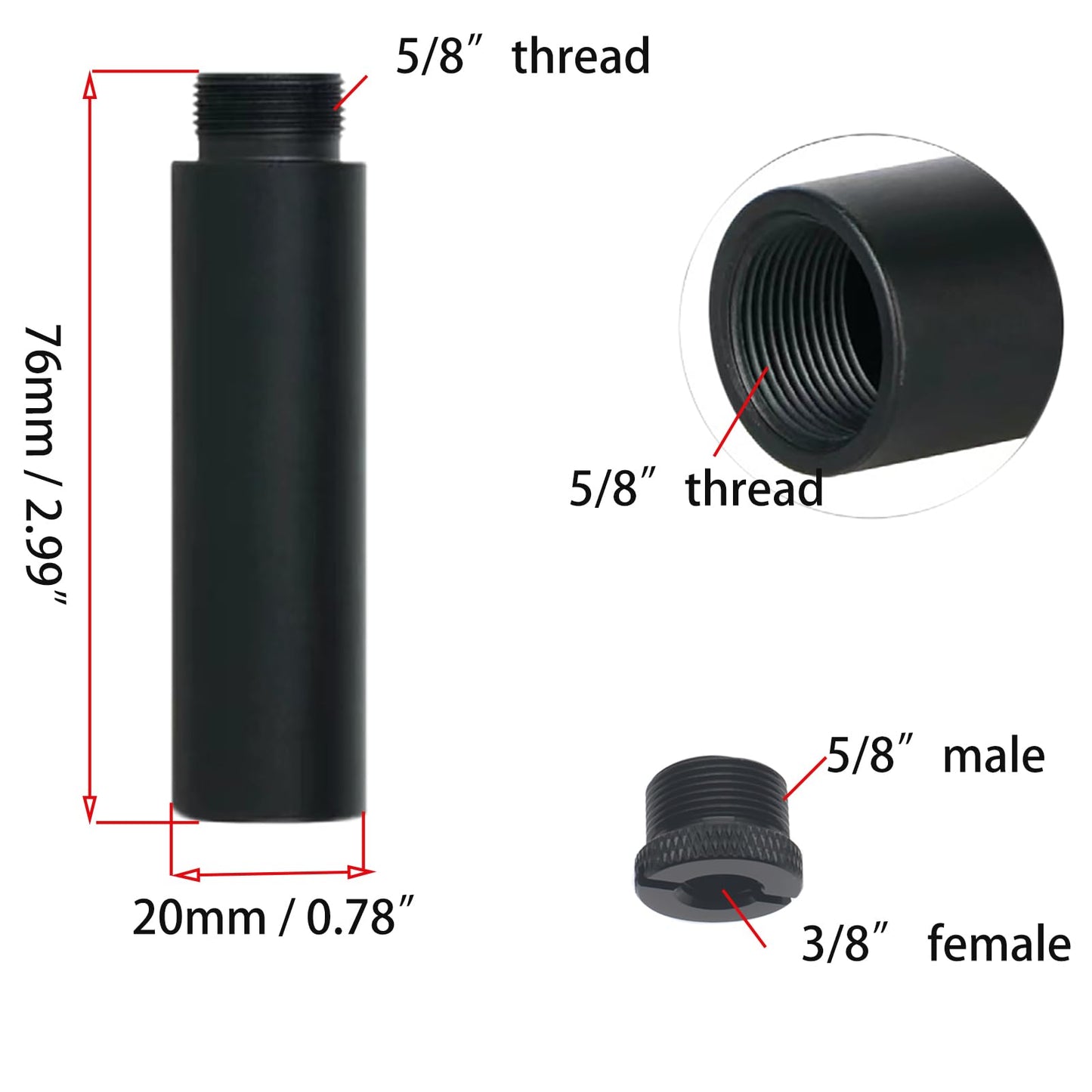 OZXNO 2pcs Mic Stand Extension Tube 5/8" Microphone Extension Pipe Microphone Stand Extenders with 2 pcs 3/8" to 5/8" Adapter for Desk Stand Arm Stand