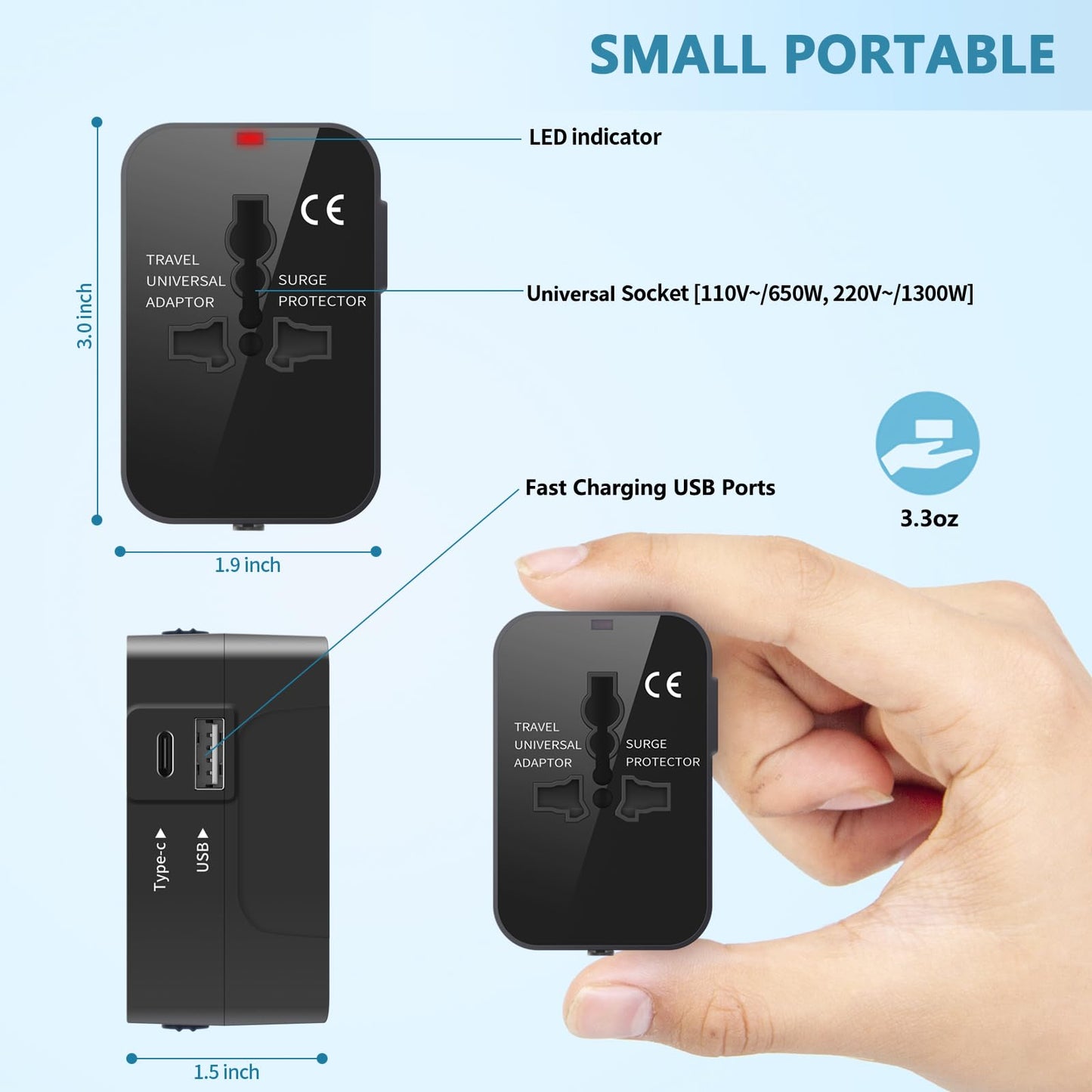 Universal Travel Adapter with USB-C & USB-A – All-in-One Worldwide Power Plug Charger for USA, EU, UK, AUS – Black