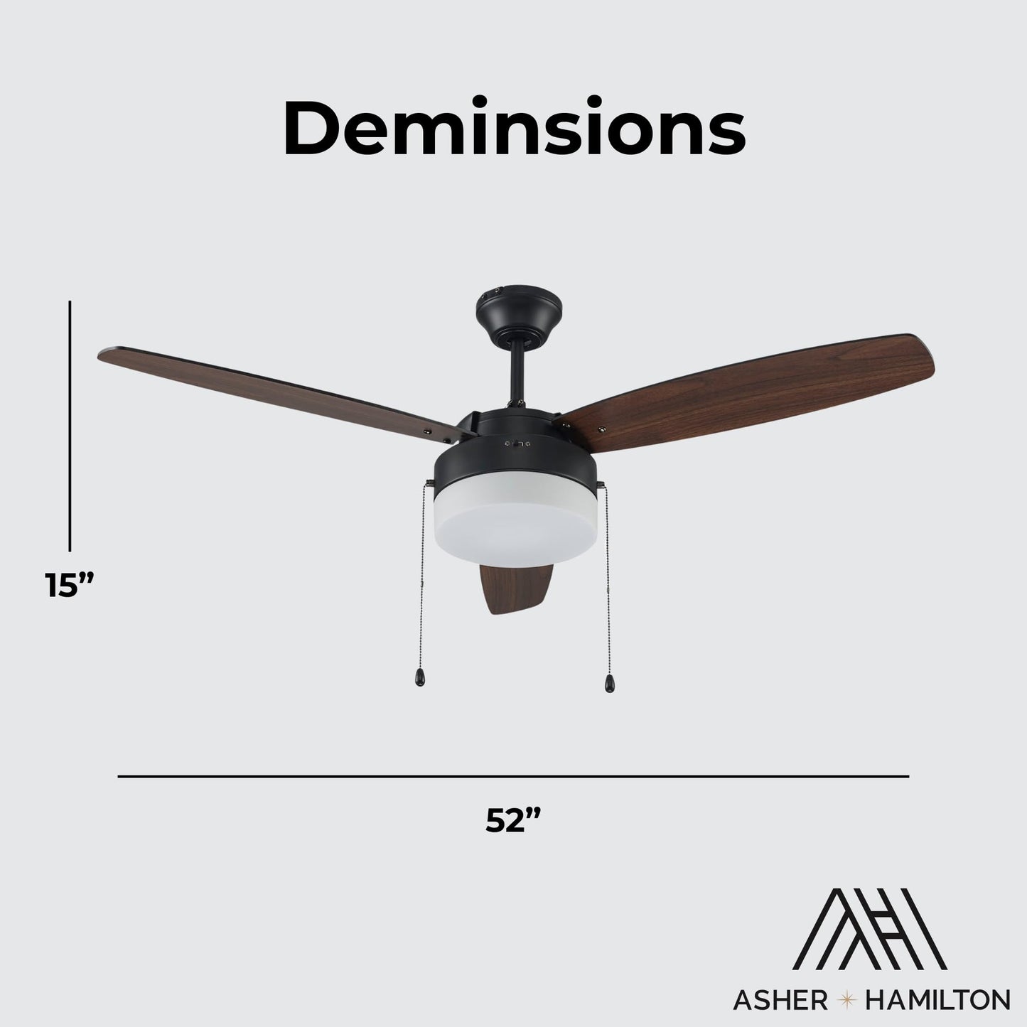 Asher Hamilton AHF-212BK Willow 52 Inch Indoor Ceiling Fan | 3 Blade Configuration | Requires E26 Medium Base Bulbs | Dry Rated Ceiling Fan | Frosted