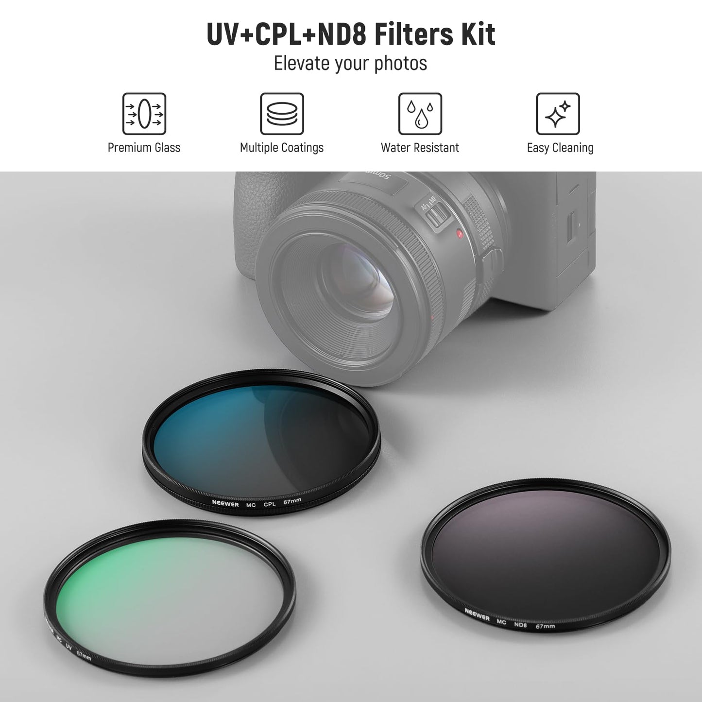 NEEWER 67mm UV/CPL/ND Lens Filter Kit, UV Protection + Circular Polarizing + Neutral Density (ND8) Camera Lens Filter Set with Multicoated Optical