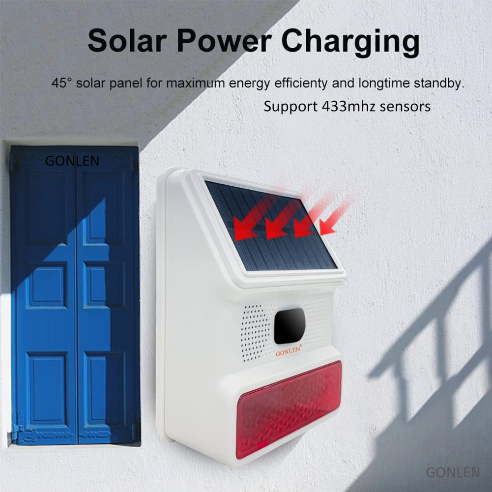 GONLEN Wireless Home Alarm System Strobe Solar Siren Burglar Anti Theft with Door Sensor PIR Motion Detection for Security Protection