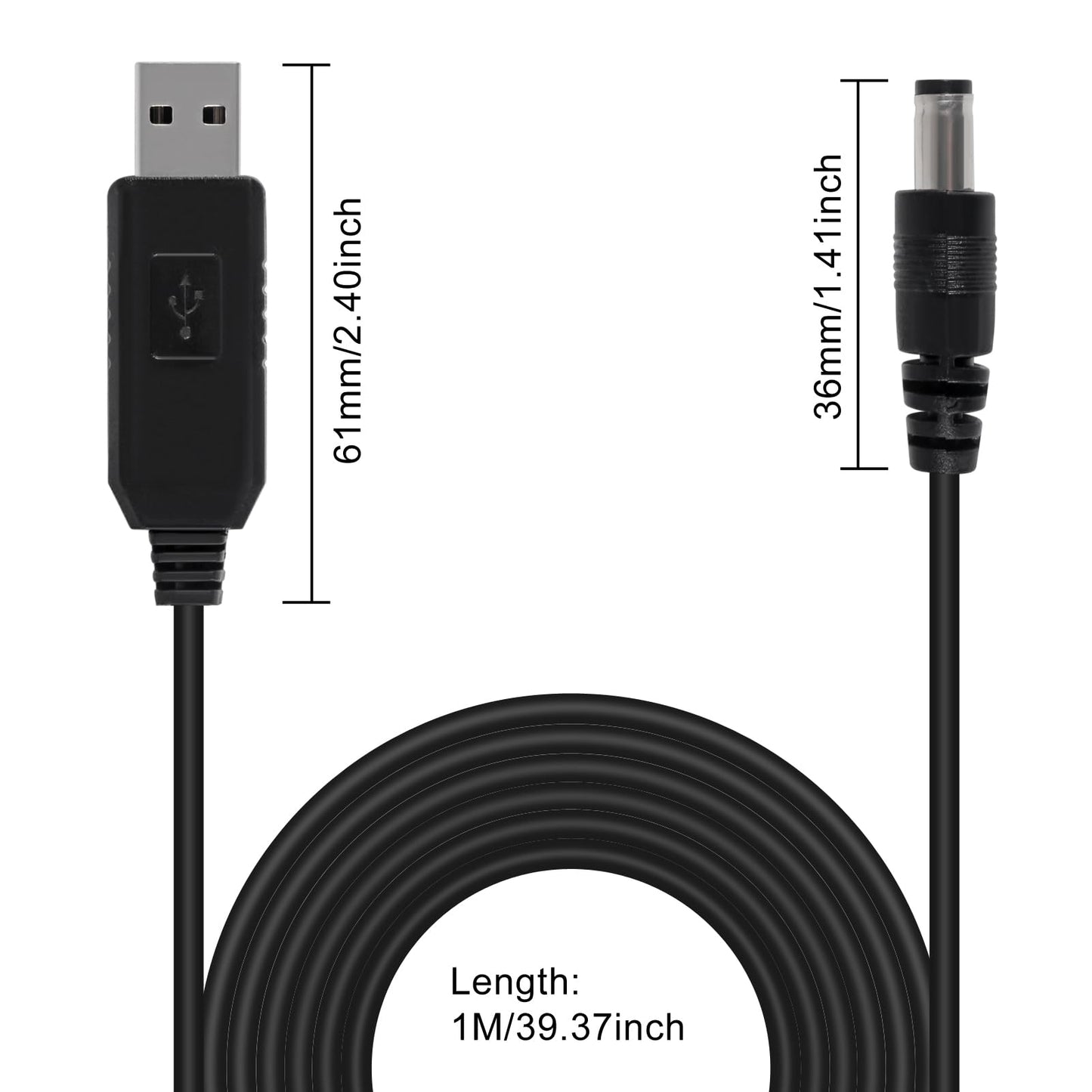 5pcs DC 5V to 9V USB Voltage Step Up Converter Cable with DC Jack 5.5x2.1mm Power Supply Adapter Cable 5V to 9V USB Boost Cable Length 1m/39.37inch