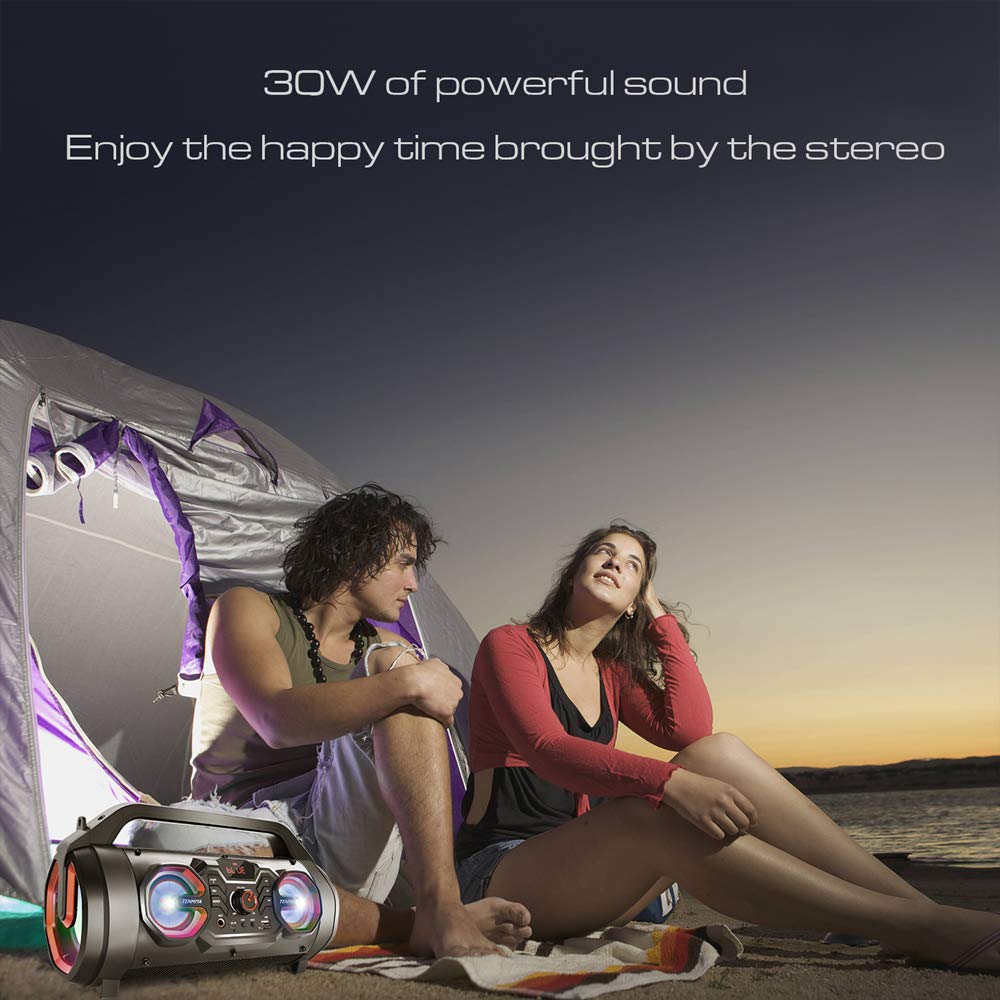 Portable Bluetooth Speaker with Subwoofer, Wireless Speakers with Booming Bass, FM Radio, RGB Lights, EQ, Stereo Sound, 10H Playtime, 30W Loud Speaker