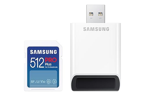 Samsung PRO Plus Full Size 512GB SDXC Memory Card + Reader, Up to 180 MB/s Reads/Writes, Full HD & 4K UHD, UHS-I, C10, U3, V30 for DSLR, Mirrorless