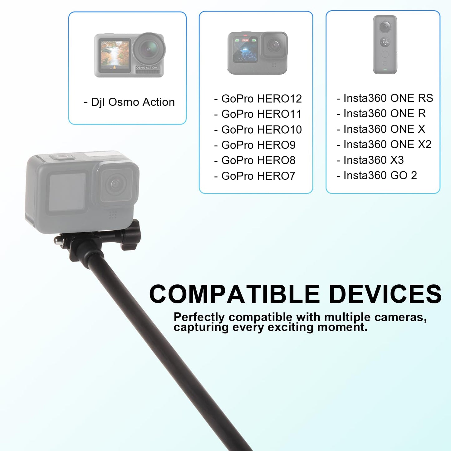 2-Meter/6.5-Foot Retractable Carbon Fiber Invisible Selfie Stick for Insta360 ONE X5 X4 X3 R RS X Insta 360 GO 2 3,for Go Pro Max Hero 13 12 11 10 9 8