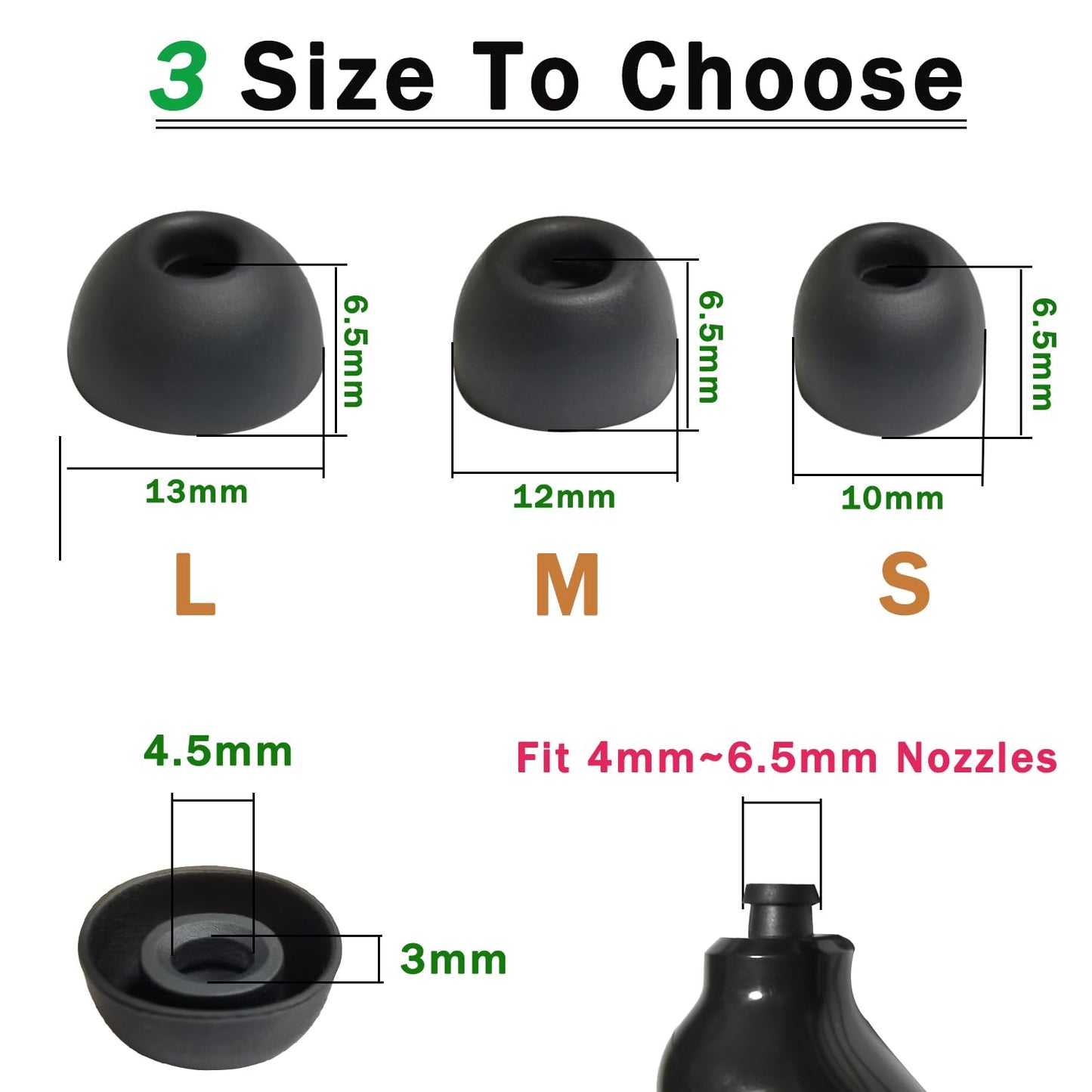 Mijusun Oval Silicone Ear Tips for True Wireless Earbuds - 6 Pairs Universal Replacement for 4.0-6.0mm Nozzle, Comfortable Secure Fit (S/M/L), Black