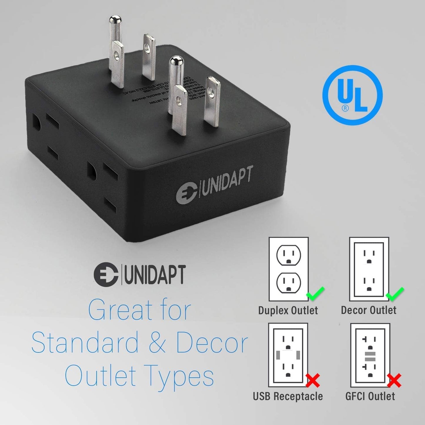Multi Plug Outlet Splitter, Unidapt Multiple Outlets Extender Adapter with 6 AC Sockets, Side Splitter Box, Wall Power Plug Expander for Home Hotel