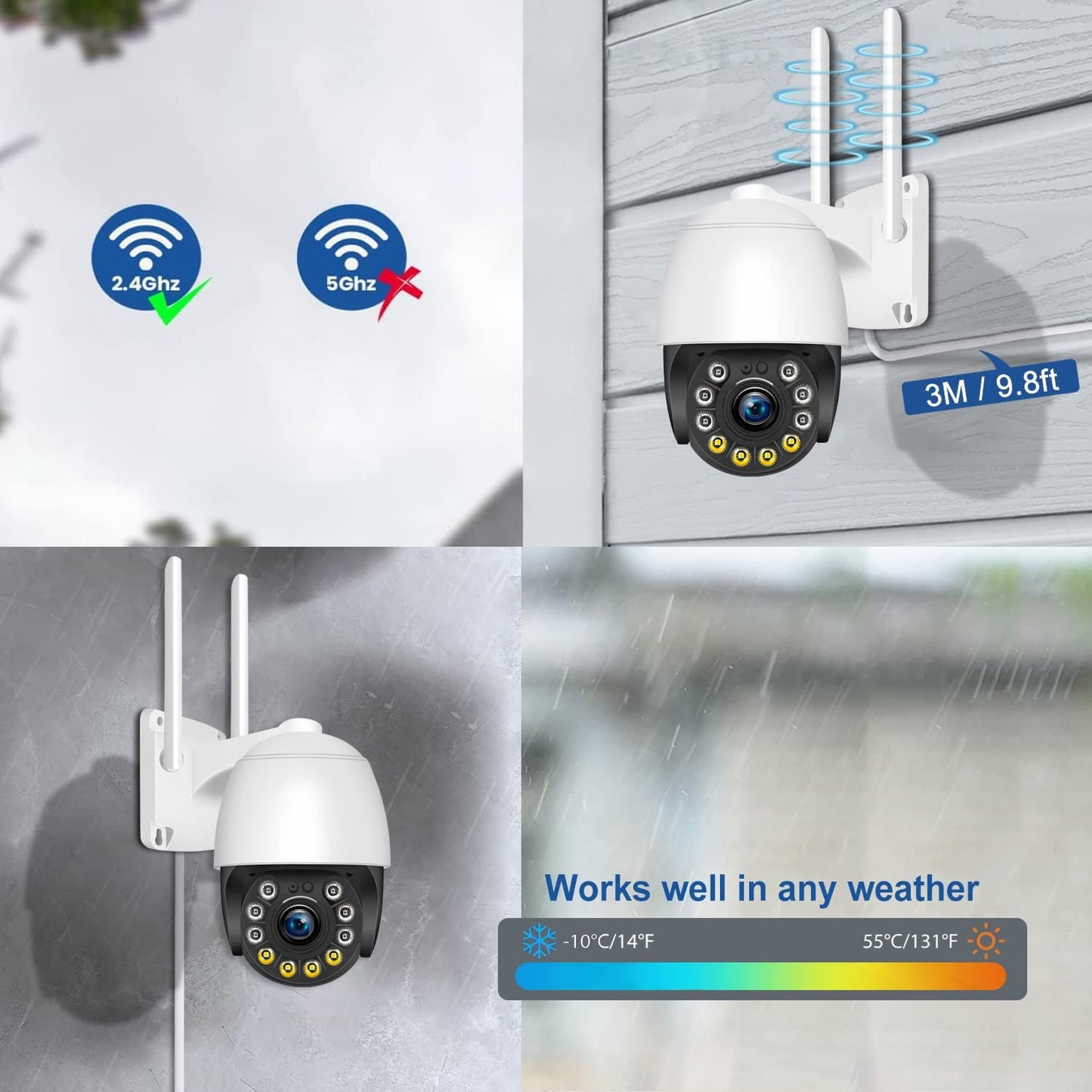 Security Camera Outdoor Wired with Night Vision Color, 360 WiFi Cameras for Home Security, Waterproof Video Surveillance Cameras, Motion Detection