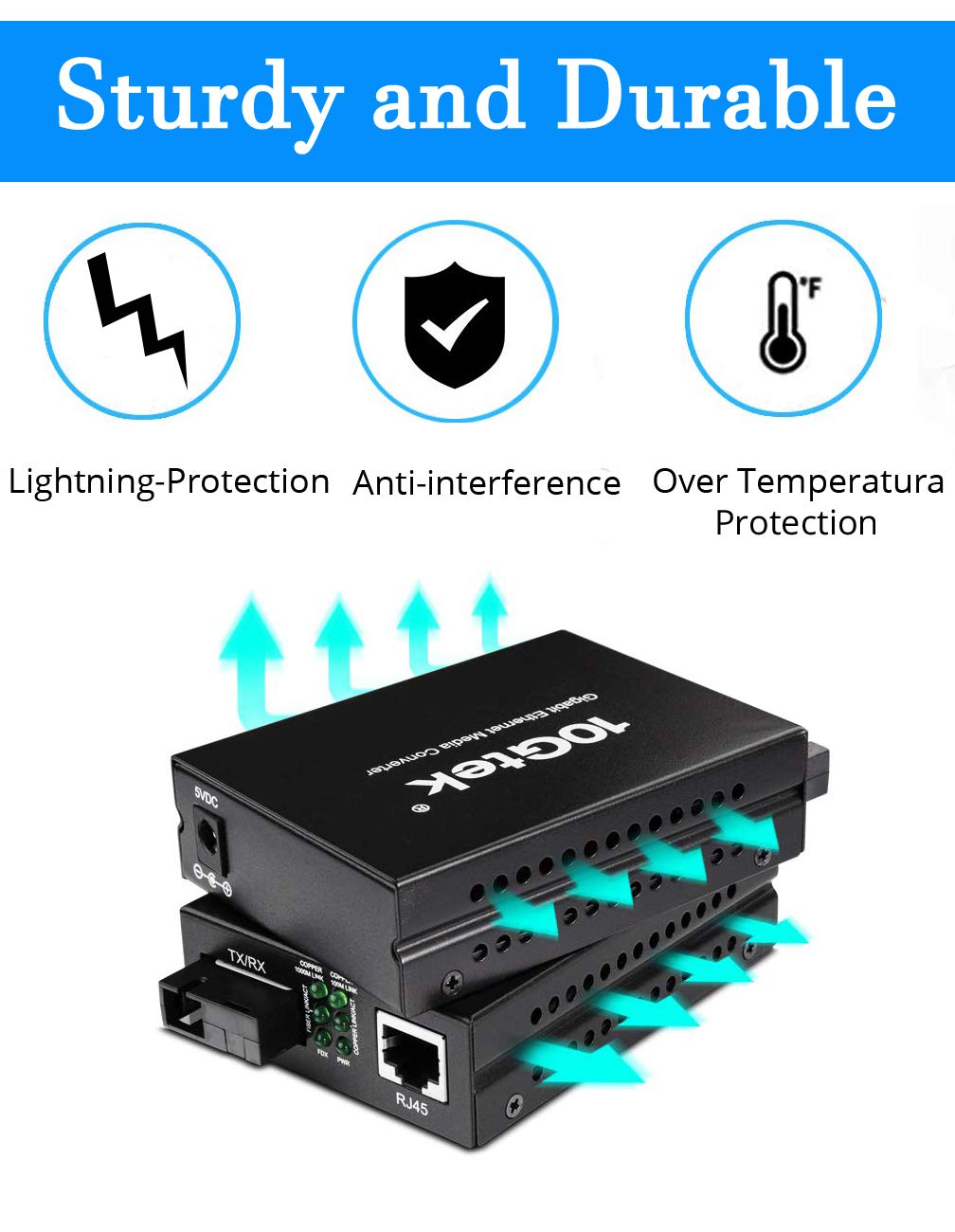 BiDi Gigabit Single Mode SC Media Converter, 10/100/1000M Fiber to Ethernet Converter, 1000Base-FX Single SC to 10/100/1000Base-T/TX RJ45, Built-in