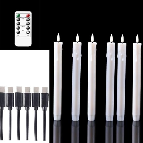 Datomarry Pack of 6 Decorative Rechargeable White Taper Candles with USB Charge Warm White Light 10 Inch,Remote Flameless Christmas LED Window