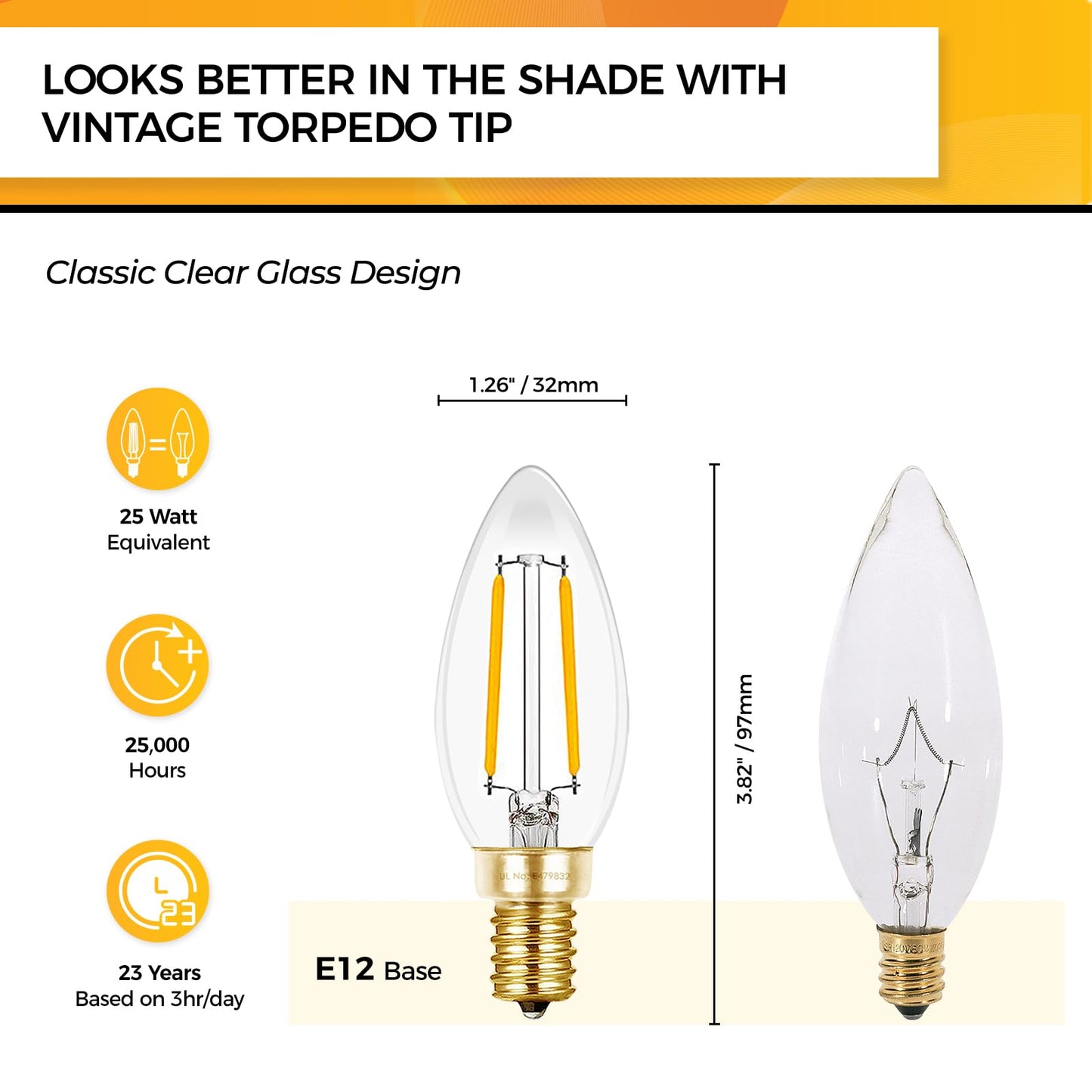 Hizashi Candelabra Light Bulbs 25W Eq, Dimmable 2700K, E12 LED Bulb, 12 PCS