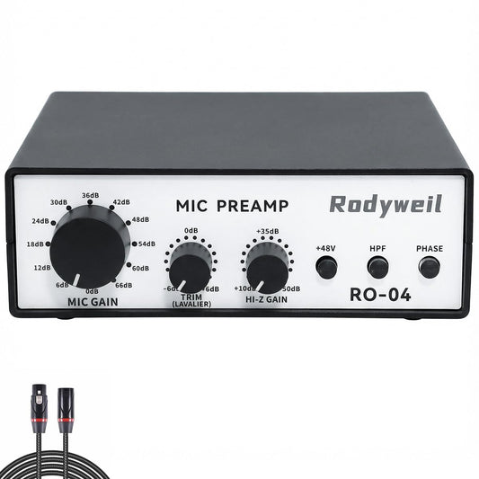 Rodyweil RO-04 Mic Preamp, 0~72db Adjustable Gain Boost,-120db EIN Ultra Low Noise, Studio Grade Performance with Hi-Z, 48V, HPF, Phase for Instrument