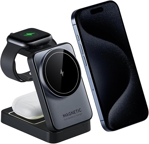 Upgraded Foldable Wireless Charger for iPhone,Travel Magnetic Charger Stand with Nightlight 3-in-1 Wireless Charging Station Compatible with Mag-Safe