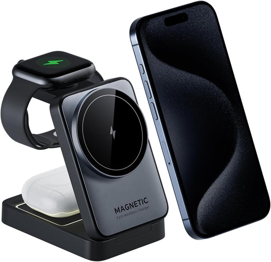 Upgraded Foldable Wireless Charger for iPhone,Travel Magnetic Charger Stand with Nightlight 3-in-1 Wireless Charging Station Compatible with Mag-Safe
