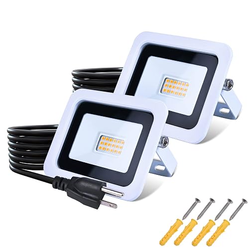 MIWAT 20W 2Pack LED Flood Light with 1.5M Plug in Cord Safety Lights for Garage, Warehouse, Courtyard and Walls (White Shell, Warm White)