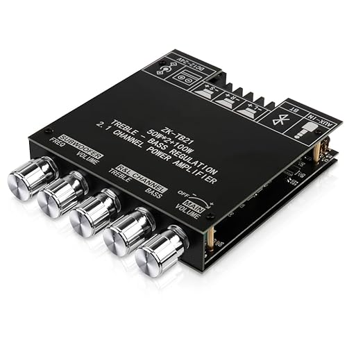Bluetooth Audio Amplifier Board, ZK-TB21 2.1CH 50W x 2 +100W Subwoofer Power Amp with Treble and Bass Control, Bluetooth5.0 and AUX Inputs, Stereo