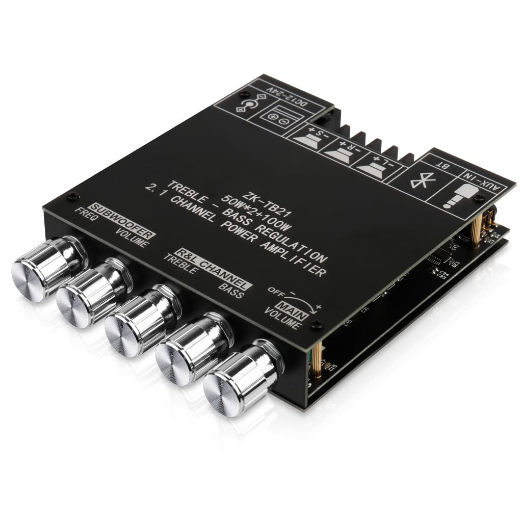 Bluetooth Audio Amplifier Board, ZK-TB21 2.1CH 50W x 2 +100W Subwoofer Power Amp with Treble and Bass Control, Bluetooth5.0 and AUX Inputs, Stereo