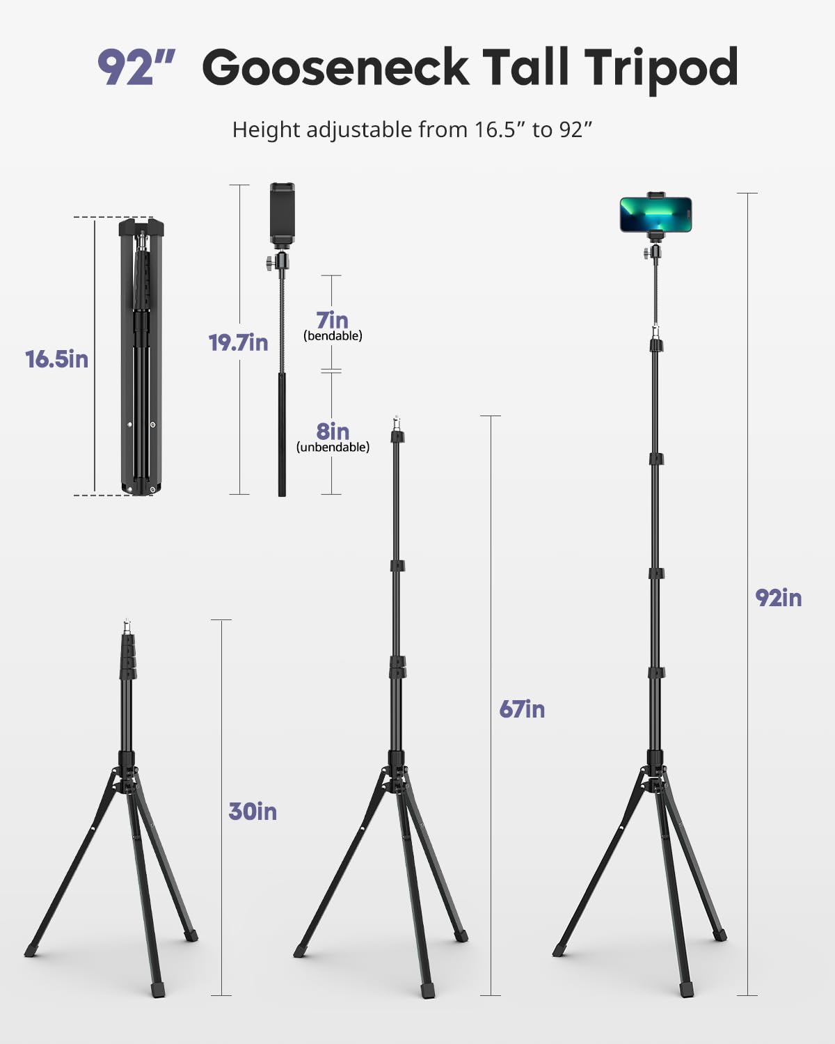 Aureday Phone Tripod, 92" Cell Phone Stand with 15" Gooseneck, Remote and Phone Holder, Overhead & Selfie Stick for Recording/Watching/Vlog