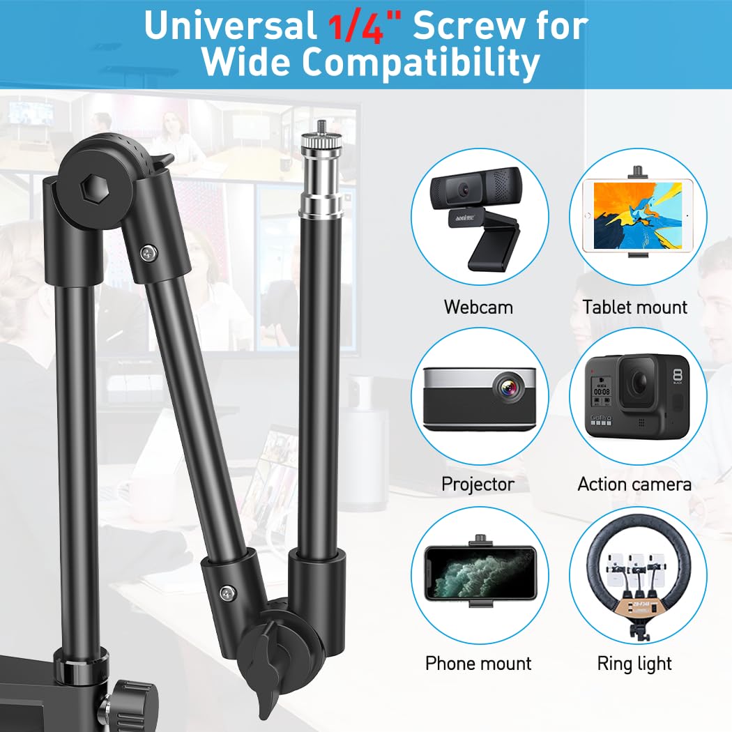 KDD Webcam Stand Camera Mount with Phone Holder, 22 Inch Foldable Flexible Gooseneck Cell Phone Clamp & Table Projector Mount, for Logitech C922 C930e