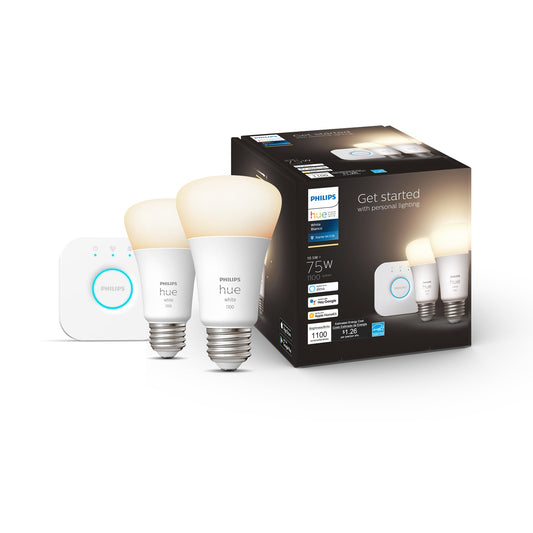 Philips Hue White Smart Light Starter Kit - Includes (1) Bridge and (2) 75W A19, E26 LED Smart Soft White Bulbs - Control with App - Compatible