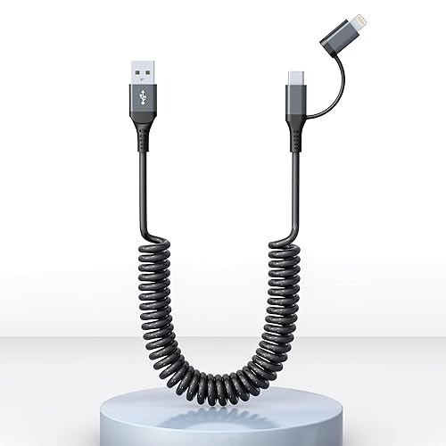 USB-C and Lightning Cable 2 in 1 Combo Apple Carplay & Android Auto,3A Fast Charging & Data Sync[MFi Certified] Short Coiled iPhone Car Charger Cord…