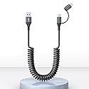 USB-C and Lightning Cable 2 in 1 Combo Apple Carplay & Android Auto,3A Fast Charging & Data Sync[MFi Certified] Short Coiled iPhone Car Charger Cord…
