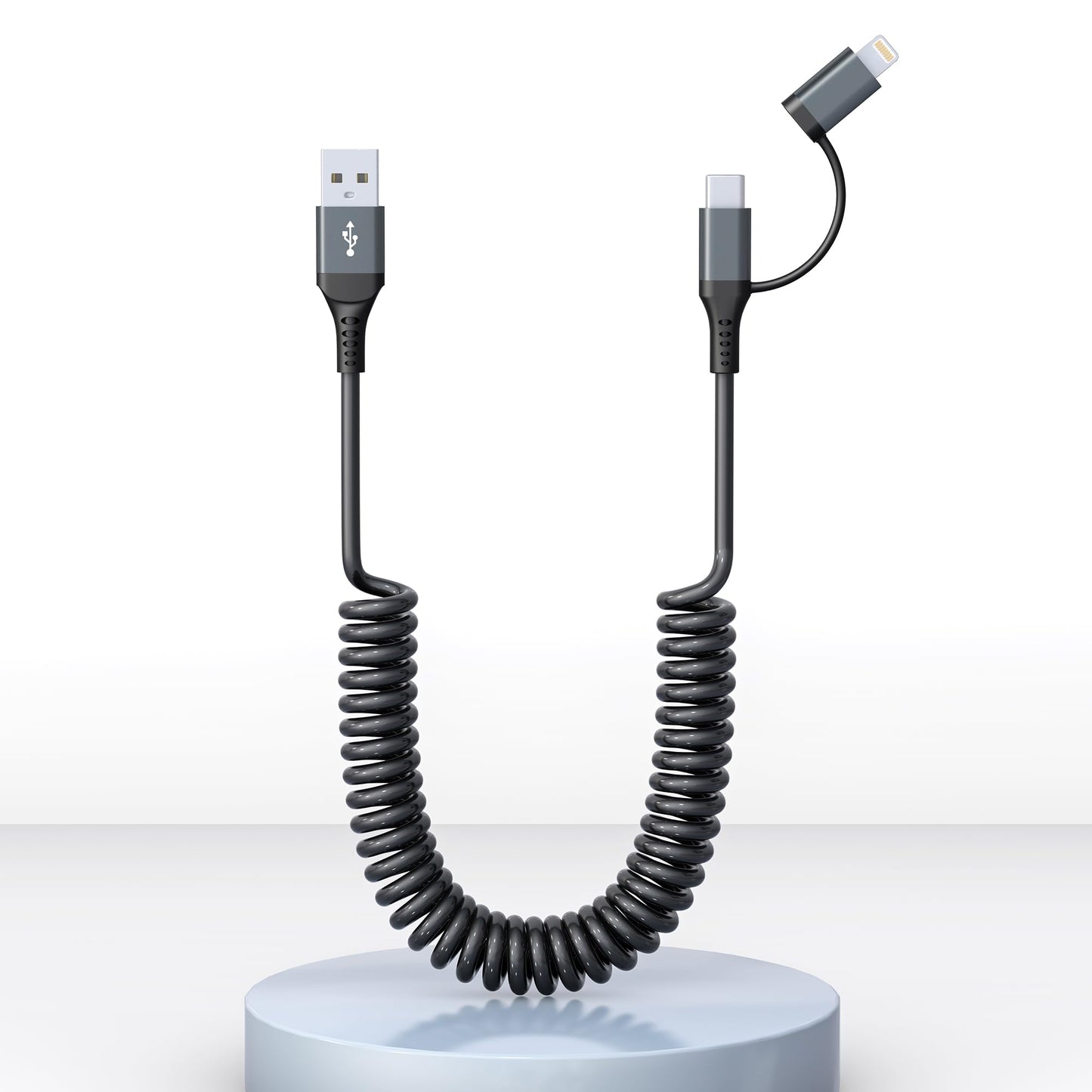 USB-C and Lightning Cable 2 in 1 Combo Apple Carplay & Android Auto,3A Fast Charging & Data Sync[MFi Certified] Short Coiled iPhone Car Charger Cord…