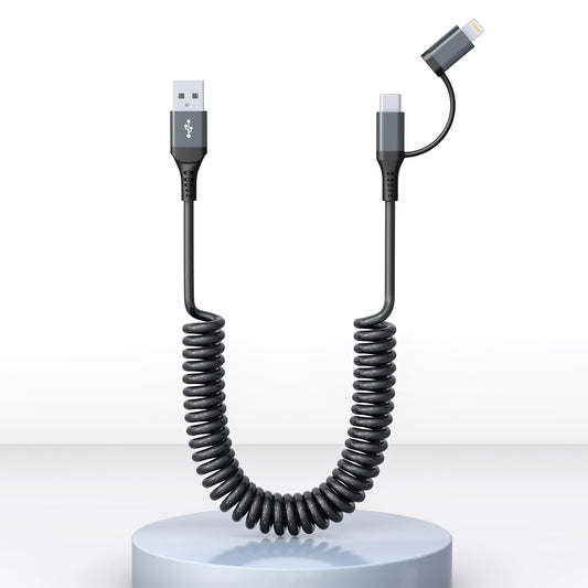 USB-C and Lightning Cable 2 in 1 Combo Apple Carplay & Android Auto,3A Fast Charging & Data Sync[MFi Certified] Short Coiled iPhone Car Charger Cord…