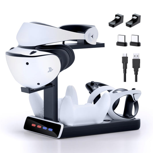3-in-1 Controller Charging Dock for PSVR2 and PS5, VR Stand Display with LED Light, PS5 VR2 Storage Base Gaming Accessories, 4 Magnetic Clasp & Type-C