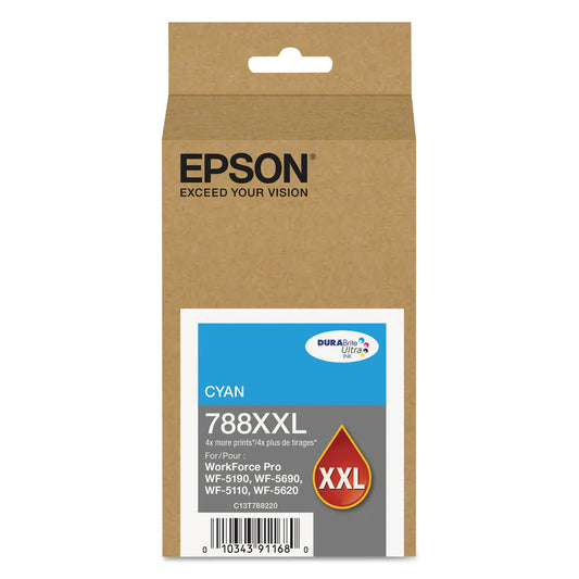 EPSON 788 DURABrite Ultra Ink High Capacity Cyan Cartridge (T788XXL220) Works with Workforce WF-5110, WF-5190, WF-5620, WF-5690
