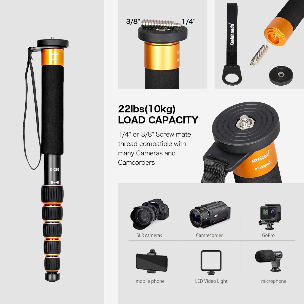 Koolehaoda 6-Section Monopod Compact Portable Photography Aluminum Alloy Unipod Stick (K-266 Orange)